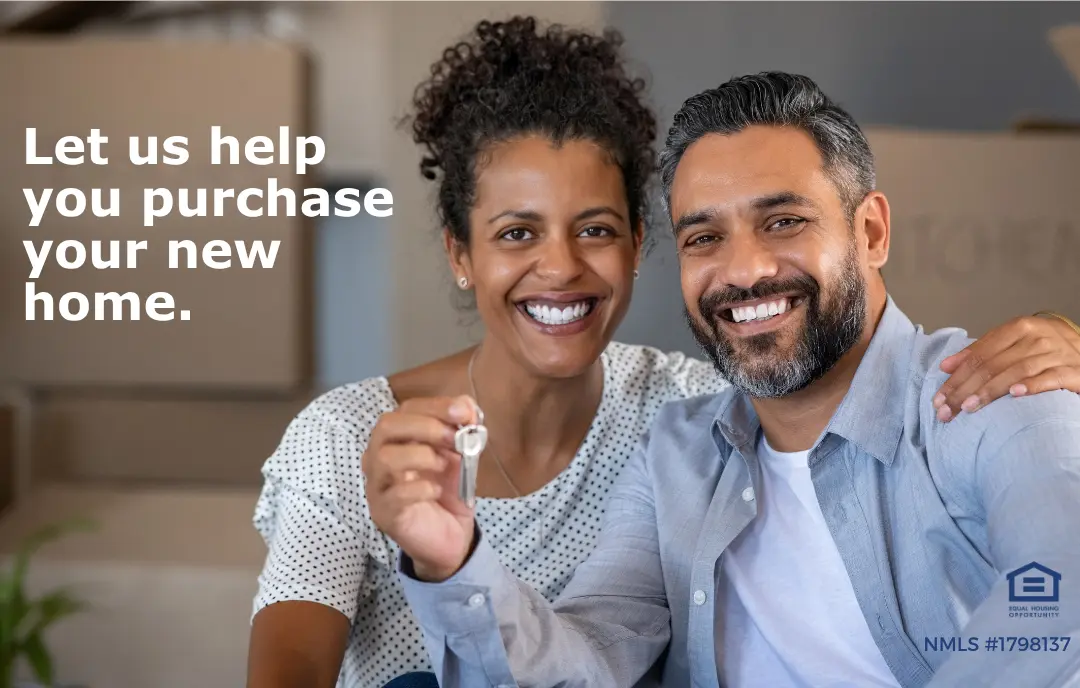 a couple holding keys with text saying let us help you purchase your new home