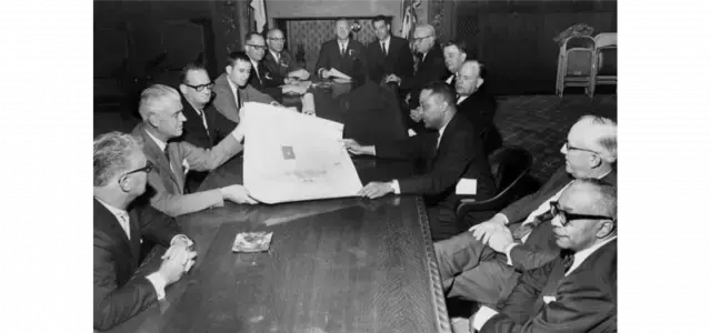 Mayor Ralph Locher meets with civic and business leaders in 1965 to discuss urban renewal plans. Courtesy of Cleveland Memory Project.